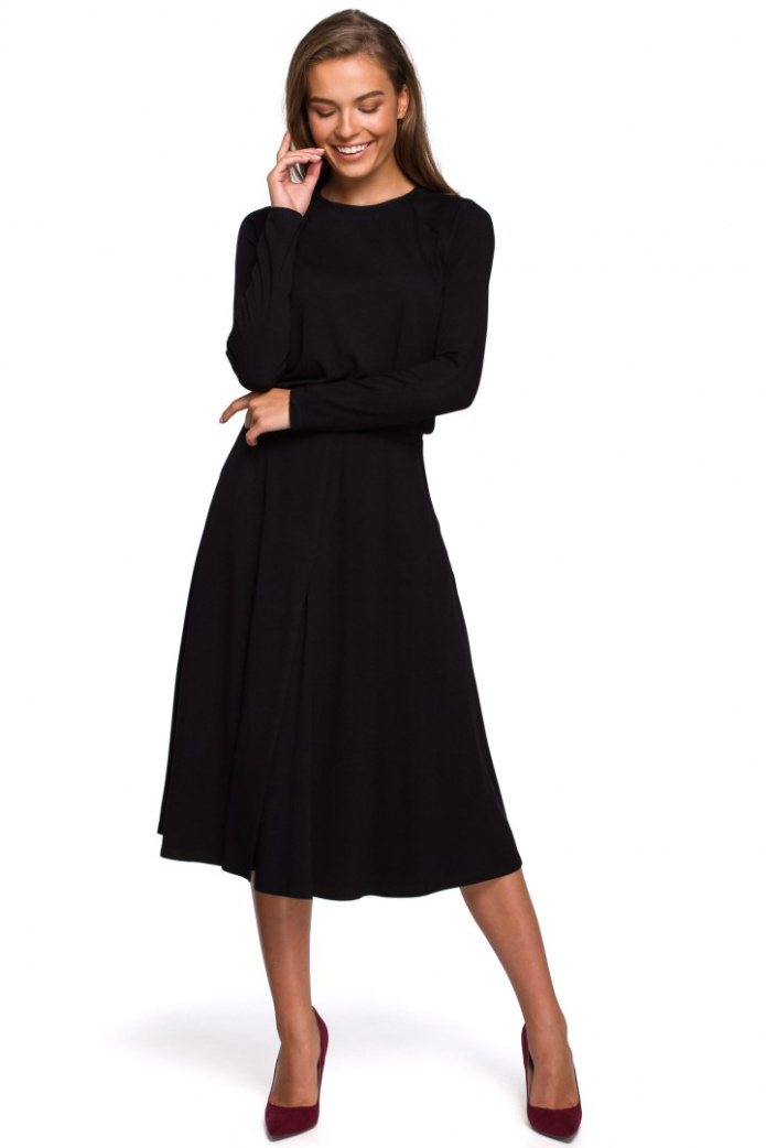 Sukienka Midi - Rozkloszowana Z Wiskozy Długi Rękaw - czarna